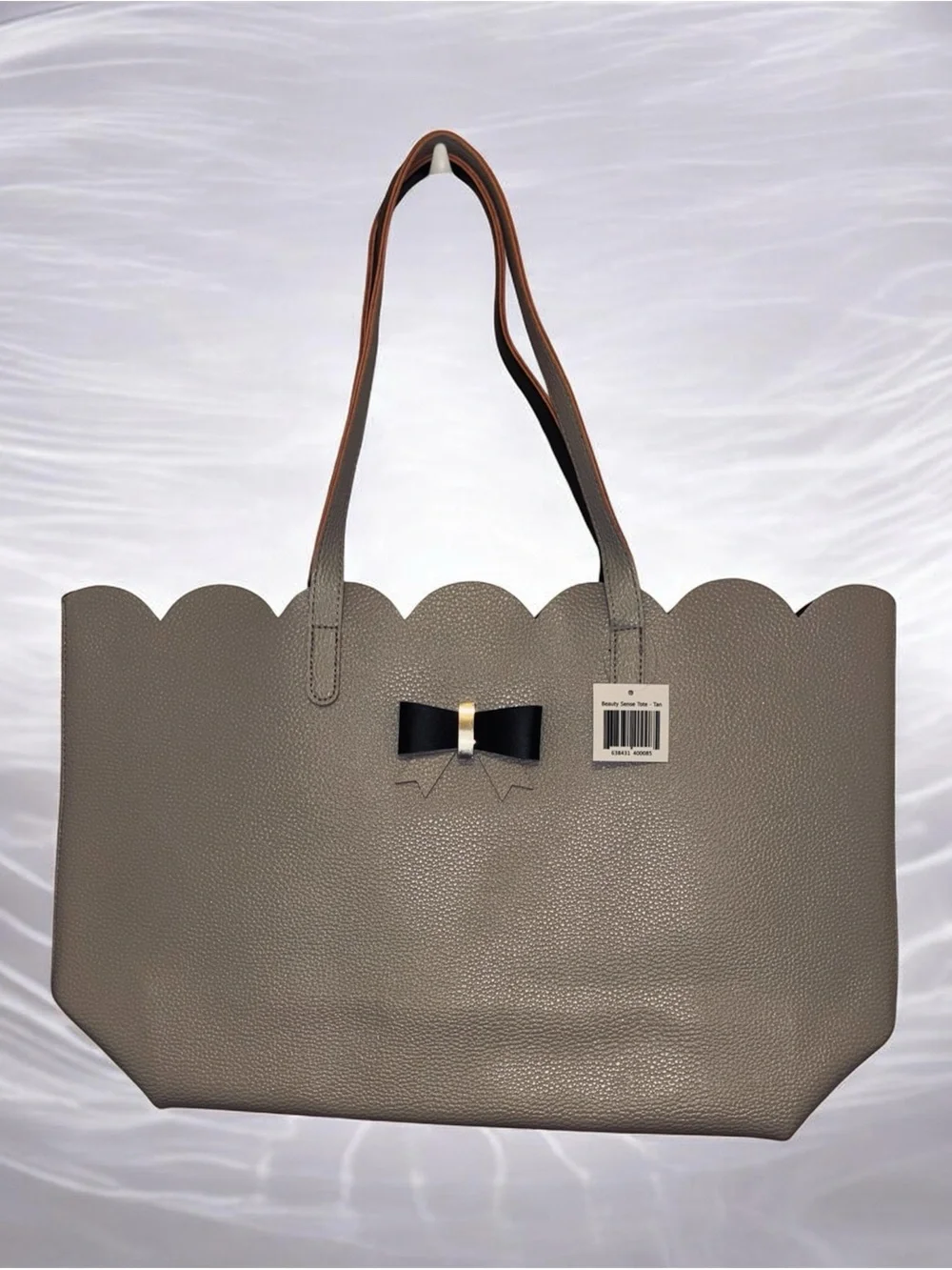 Scalloped Edge Taupe Tote with Black Bow - Picture 1 of 5